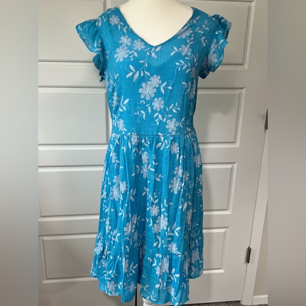 Cato Blue‎ Floral Embroidered Summer Dress Flutter Sleeve Casual Sundress Medium